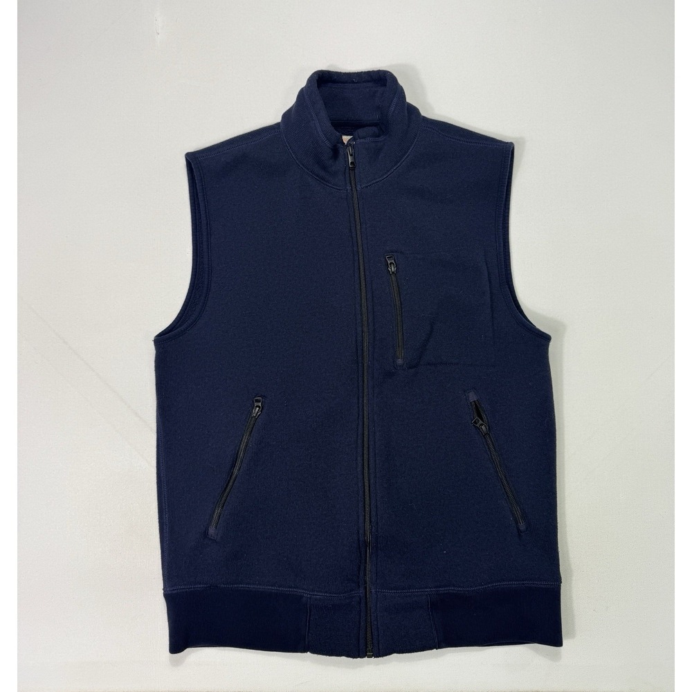 J Crew Fleece Full Zip Vest Men's Medium Zipper Pockets Navy Blue Hiking Outdoor